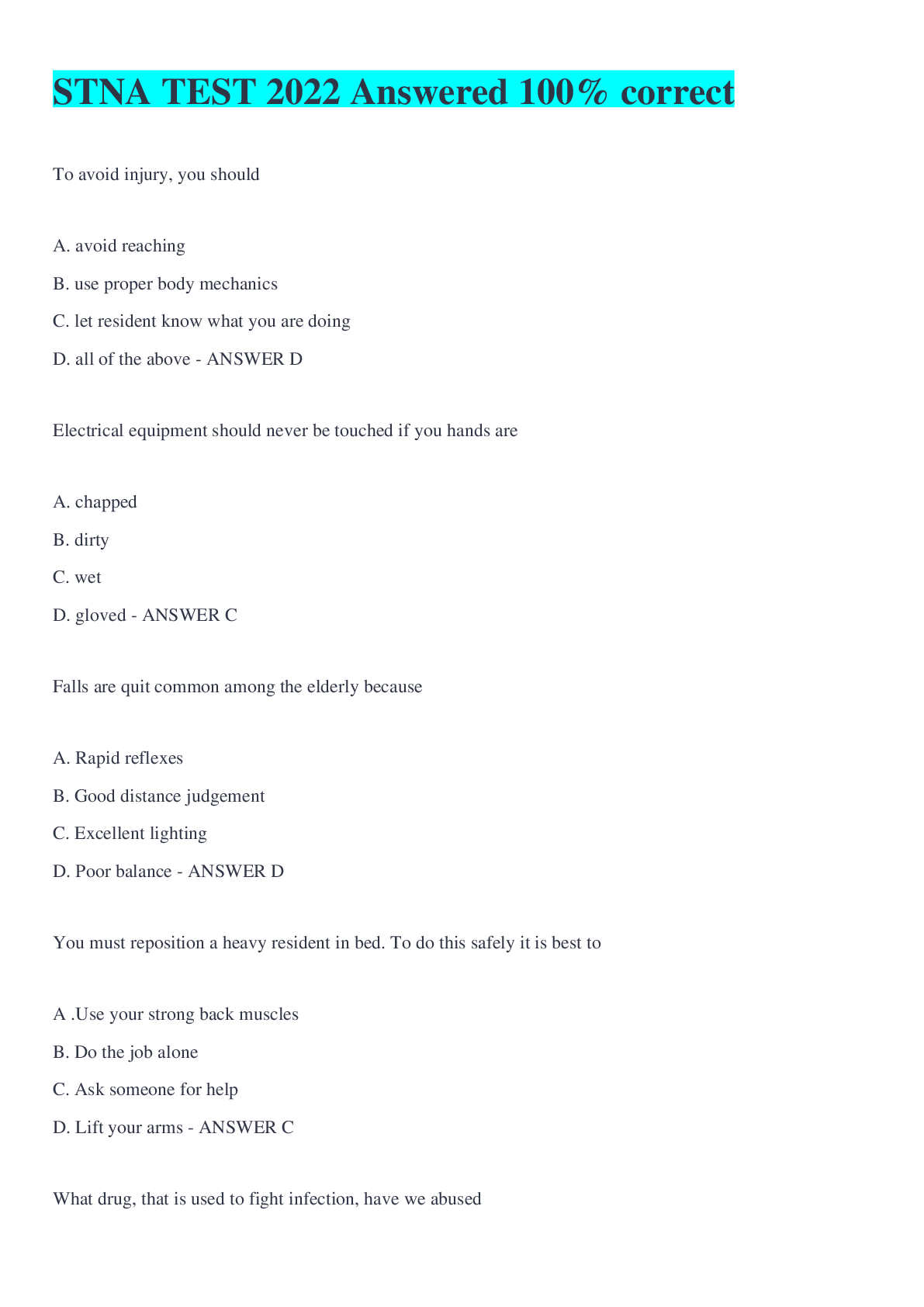 Preview image of STNA TEST 2022 Answered 100% correct document